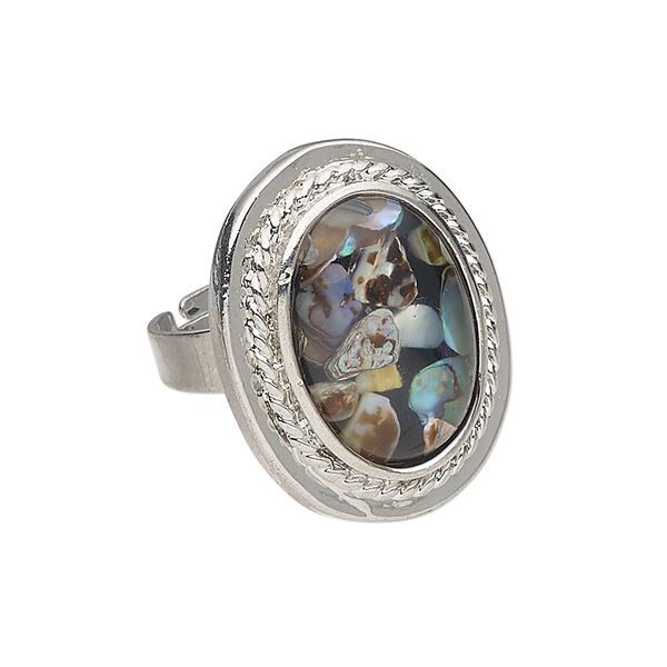 Ring 1pkg1 brass / multi-shell, 26x21mm oval fancy edge, bleached/dyed/assembled silver finish / multicolored image number 0