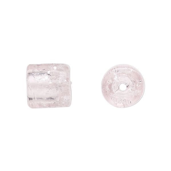 Cord end, glass, translucent pink with silver-colored foil, 11x11mm with confetti pattern, 5mm inside diameter. Sold per pkg of 2. image number 0
