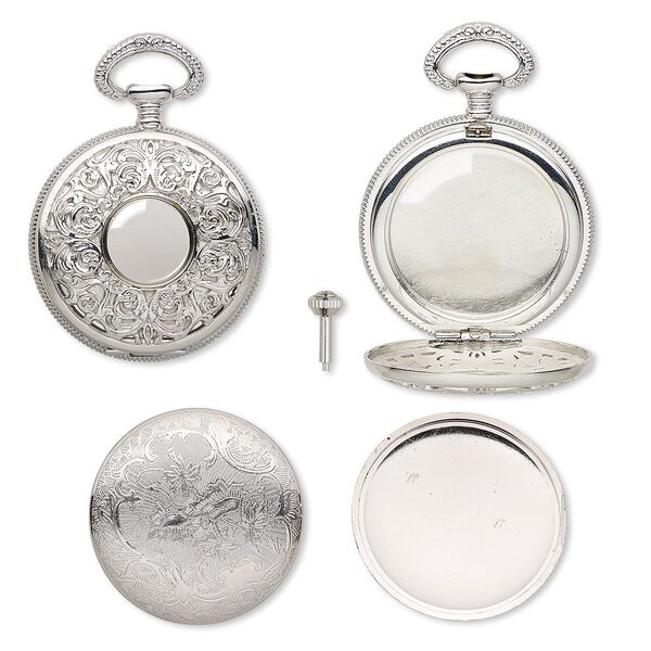 Watch body, acrylic / glass / silver-plated "pewter" (zinc-based alloy), clear, 66x48mm round with filigree and floral design. Sold per 4-piece set. image number 0