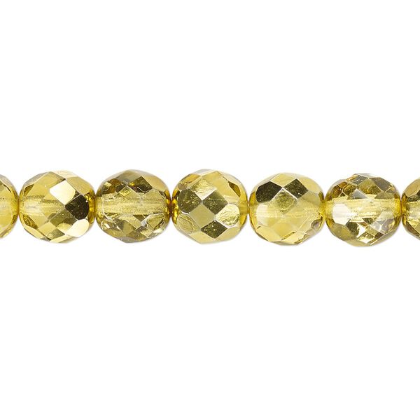 Bead, Czech fire-polished glass, clear with half-coat metallic yellow gold, 8mm faceted round. Sold per 15-1/2" to 16" strand. image number 0
