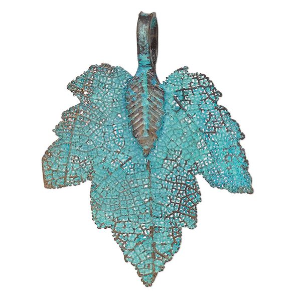 Pendant, copper-plated brass and Indian rubber plant, green patina, 32x28mm-36x28mm double-sided maple leaf. Sold individually. image number 0