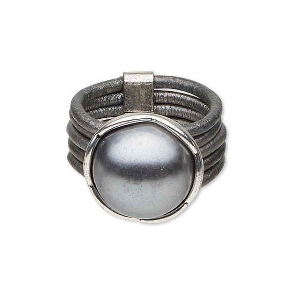 Ring, 5-strand, leather (dyed) / acrylic pearl / silver-plated "pewter" (zinc-based alloy), silver and dark grey, 15mm round, size 8. Sold individually. image number 0