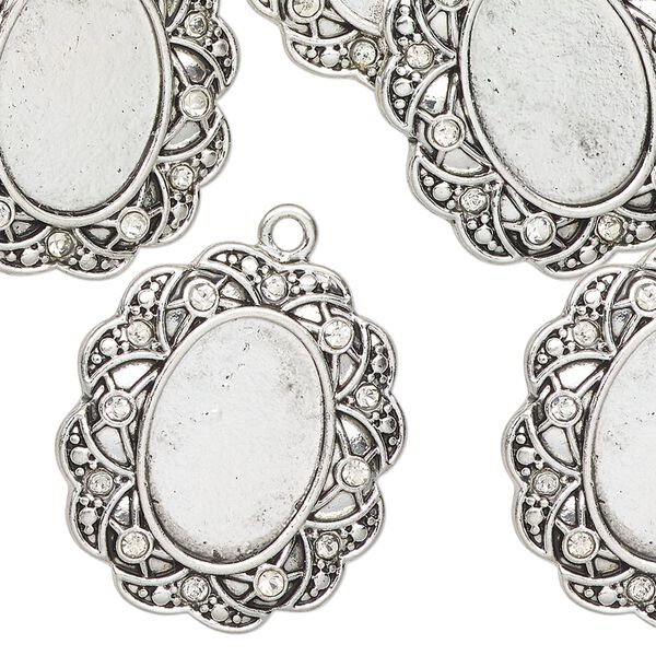 Drop, antique silver finish "pewter" (zinc-based alloy), 26x23mm scalloped oval with 16.5x11.5mm oval setting. Sold per pkg of 6. image number 0