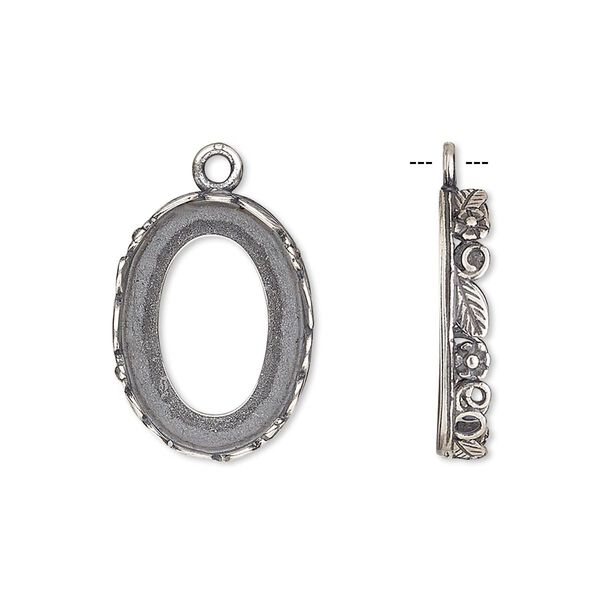 Drop, JBB Findings, antique silver-plated brass, 20x15mm oval with open back and flower and leaf design trim, 18x13mm oval bezel setting. Sold per pkg of 2. image number 0