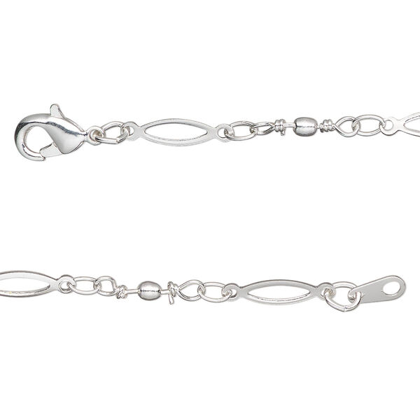 Chain, silver-plated brass, 11x2mm open oval and handmade wire-wrapped links with 2mm ball, 18 inches with lobster claw clasp. Sold individually. image number 0