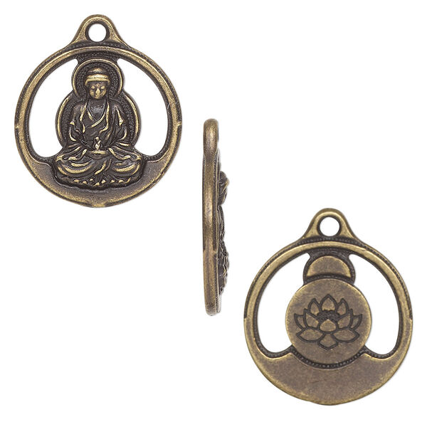 Drop, TierraCast®, antique brass-plated pewter (tin-based alloy), 21mm two-sided open round with Buddha and lotus design. Sold per pkg of 2. image number 0