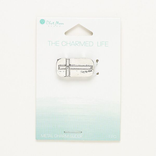 Slide, glass and silver-finished "pewter" (zinc-based alloy), 26x13mm single-sided rounded rectangle with cross. Sold individually. image number 0