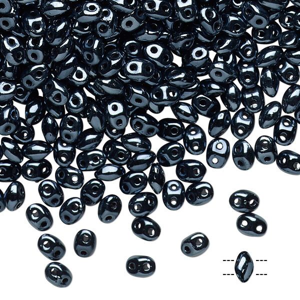 Bead, Preciosa Twin™, Pressed Twin, Czech pressed glass, opaque shiny black, 5x2.5mm oval with 2 holes. Sold per 10-gram pkg. image number 0