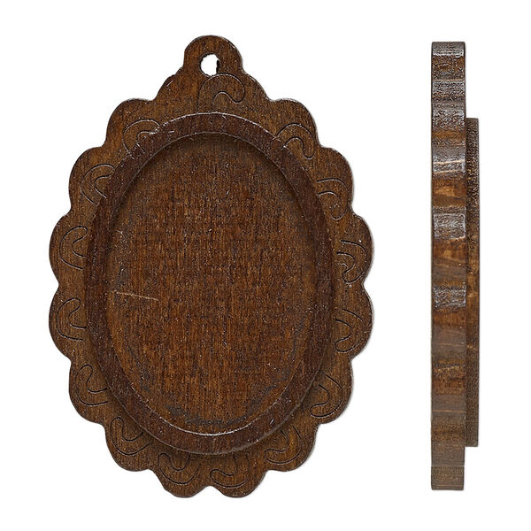 Focal, stained Japanese pagoda wood, dark brown, 39x27mm single-sided top-drilled oval with 25x18mm non-calibrated oval glue-in setting. Sold per pkg of 8. image number 0