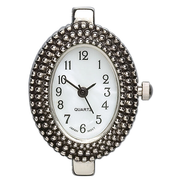 Watch face, glass and silver-finished "pewter" (zinc-based alloy), 25x20mm oval with dotted design. Sold individually. image number 0