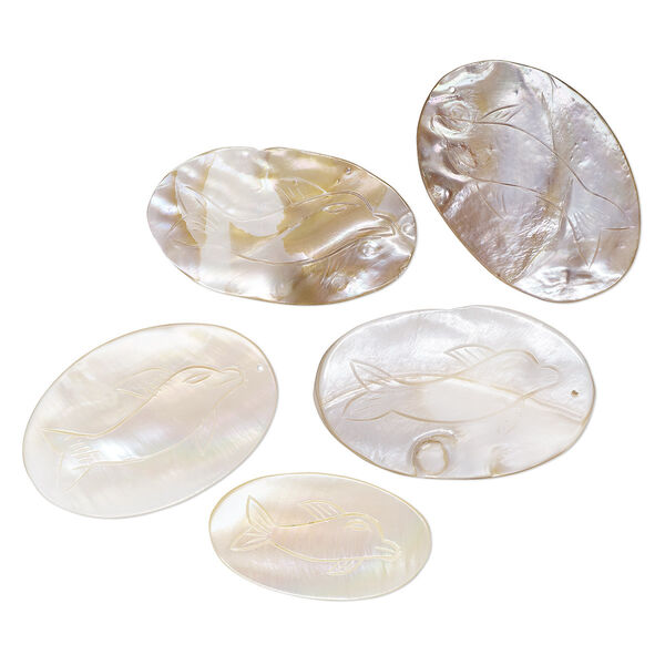 Focal mix, mother-of-pearl shell (natural), 48x27mm-62x42mm oval with carved dolphin design, Mohs hardness 3-1/2. Sold per pkg of 5. image number 0
