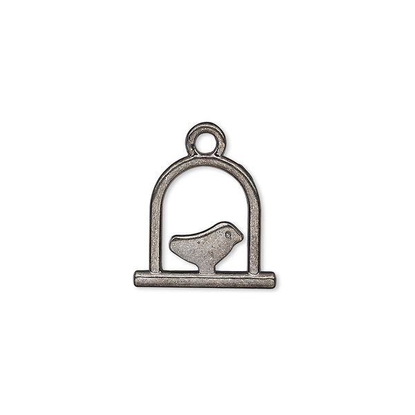 Charm, gunmetal-plated "pewter" (zinc-based alloy), 15x14mm double-sided bird on swing. Sold per pkg of 20. image number 0