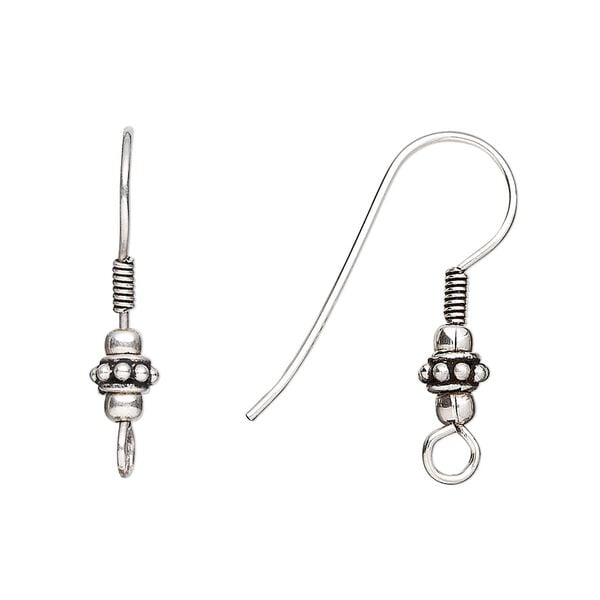 Ear wire fishhook 1pkg2 sterling silver, 25mm / 4x3mm beaded rondelle / 4mm coil / open loop, 22 gauge antiqued 1 pair image number 0