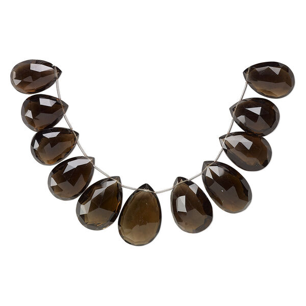 Smoky quartz 1pkg11, hand-cut top-drilled faceted puffed teardrop bead graduated 30x19mm-36x25mm image number 0