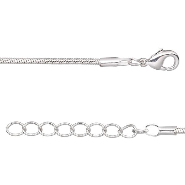 Chain, silver-plated brass, 1mm snake, 36 inches with 1-inch extender chain and lobster claw clasp. Sold per pkg of 2. image number 0