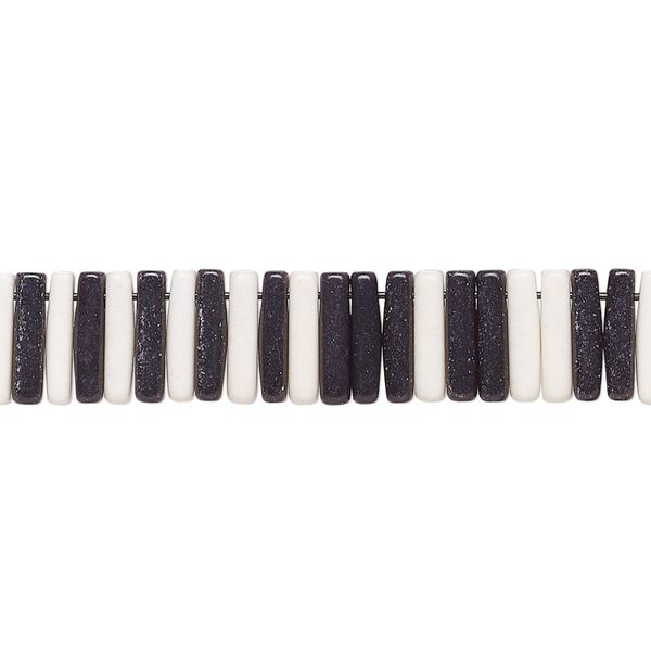 Bead, porcelain, opaque shiny black and white, 9x2mm stick. Sold per 8-inch strand, approximately 100 to 120 beads. image number 0