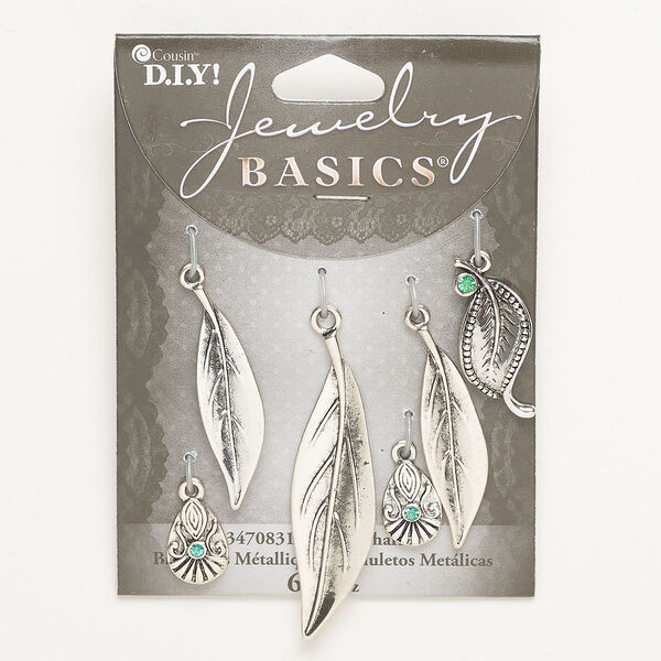 Charm and drop assortment, brass, pkg/6, antique silver finish and teal green, assorted shapes. image number 0