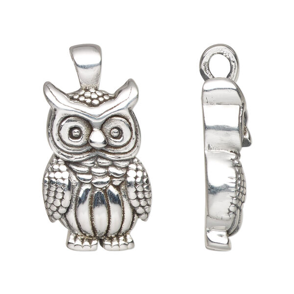 Pendant, antiqued fine silver and sterling silver, electroformed, 30.5x16mm single-sided owl. Sold individually. image number 0