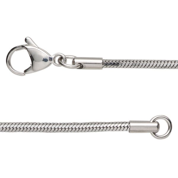 Chain, stainless steel, 2mm square snake, 24 inches with lobster claw clasp. Sold individually. image number 0