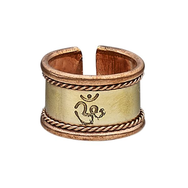 Ring, antiqued copper and brass, 16mm wide with twisted wire and Om symbol, size 9. Sold individually. image number 0
