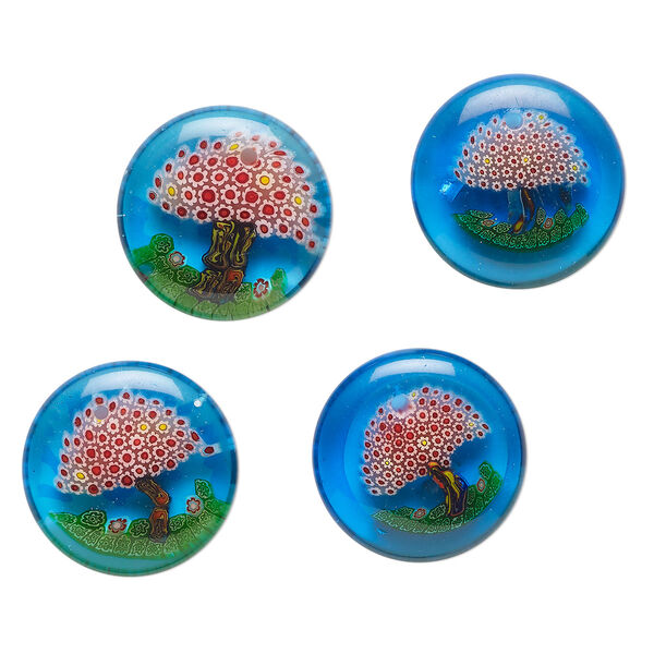 Drop, millefiori glass, translucent multicolored, 17-20mm top-drilled puffed flat round with tree and flower design. Sold per pkg of 4. image number 0