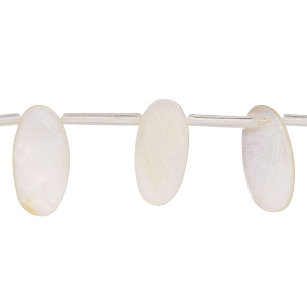 Bead, mother-of-pearl shell (bleached), white, 15x5mm-16x7mm top-drilled flat oval, Mohs hardness 3-1/2. Sold per 15-inch strand, approximately 25 beads. image number 0