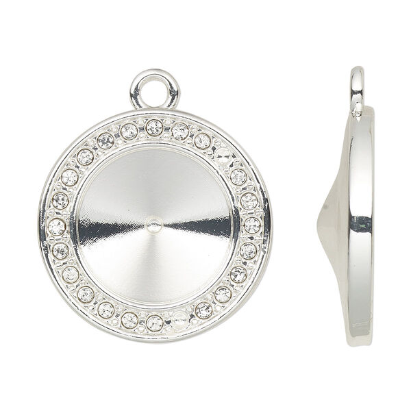 Drop, Almost Instant Jewelry®, cubic zirconia and silver-finished "pewter" (zinc-based alloy), clear, 22mm single-sided round with 14mm rivoli glue-in setting. Sold per pkg of 2. image number 0
