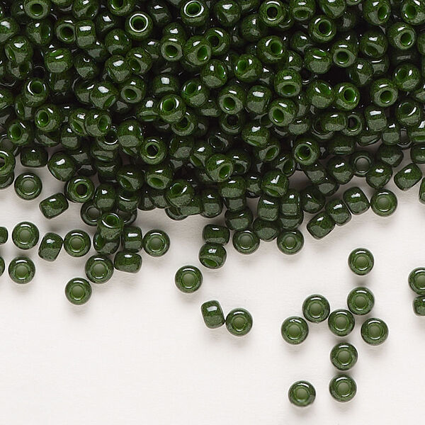 Seed bead, Miyuki, glass, pkg/50g, #8 rocaille, opaque outside dyed olive green, (RR-1488). image number 0