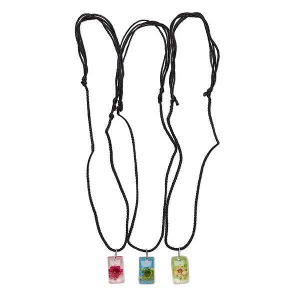 Necklace, resin / flower / nylon / steel, assorted colors, 23x14mm rectangle, adjustable from 18-24 inches with macramé knot closure. Sold per pkg of 3. image number 0