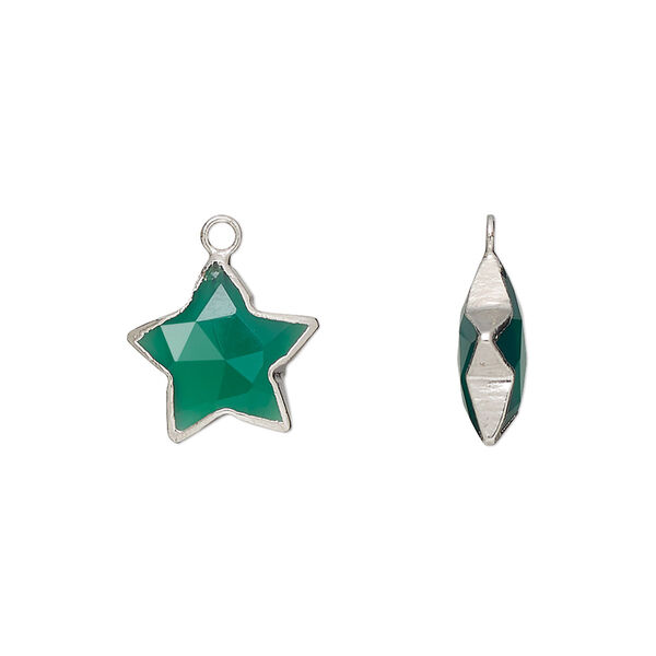Drop, silver-plated green onyx (dyed) and electroplated sterling silver, 12-13mm hand-cut double-sided faceted star, Mohs hardness 6-1/2 to 7. Sold individually. image number 0