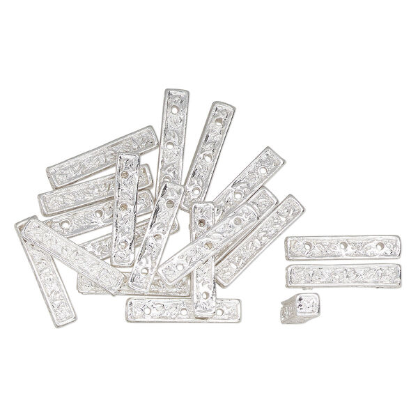 Spacer bar, silver-finished "pewter" (zinc-based alloy), 24x5mm 3-strand fancy rectangle, fits up to 8.5mm round beads. Sold per pkg of 20. image number 0