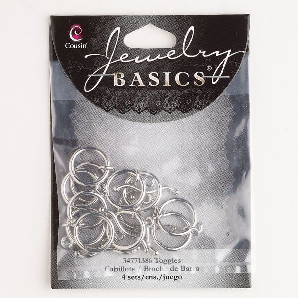 Clasp, toggle, steel, pkg/8, silver finish, 14mm round with wavy bar. image number 0