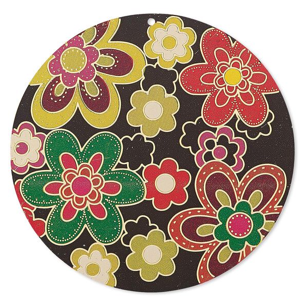 Focal, Lazer Lace™, color film and gold-finished brass, multicolored, 47mm single-sided round with floral design. Sold per pkg of 2. image number 0
