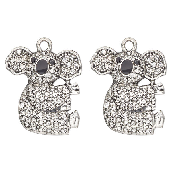 Charm, antique silver-finished "pewter" (zinc-based alloy), enamel and glass, clear and black, 22x20mm single-sided koala bear. Sold per pkg of 2. image number 0