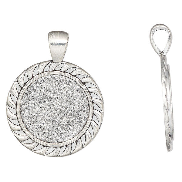 Pendant, silver-finished "pewter" (zinc-based alloy), 37x28mm round with 20mm round setting. Sold per pkg of 2. image number 0