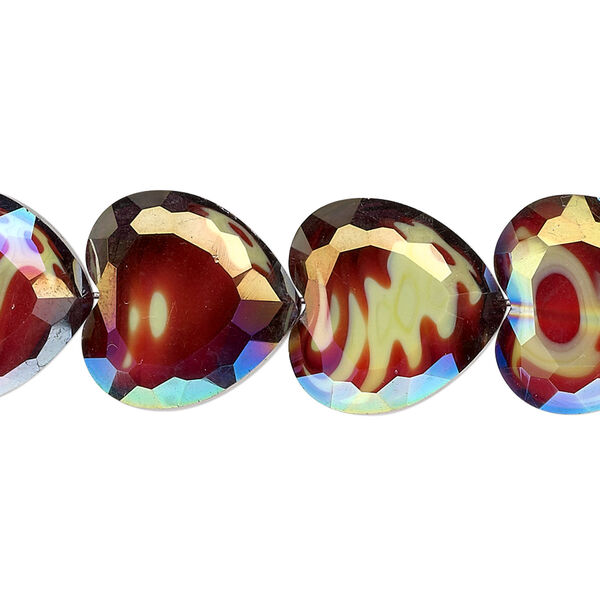 Bead, millefiori glass, marbled yellow and red AB, 16x16mm faceted heart. Sold per 8-inch strand, approximately 10 beads. image number 0