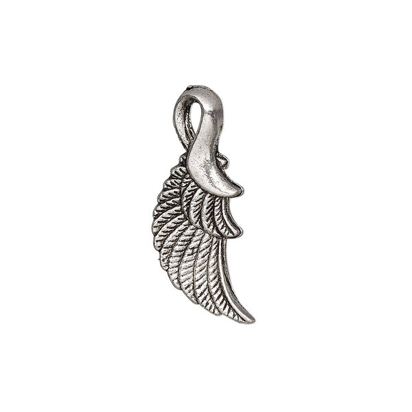 Charm, antique silver-plated "pewter" (zinc-based alloy), 28x12mm 3D wing. Sold per pkg of 4. image number 0