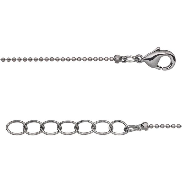 Chain, gunmetal-plated brass, 1mm ball, 7-1/2 inches with 1-1/4 inch extender chain and lobster claw clasp. Sold per pkg of 6. image number 0