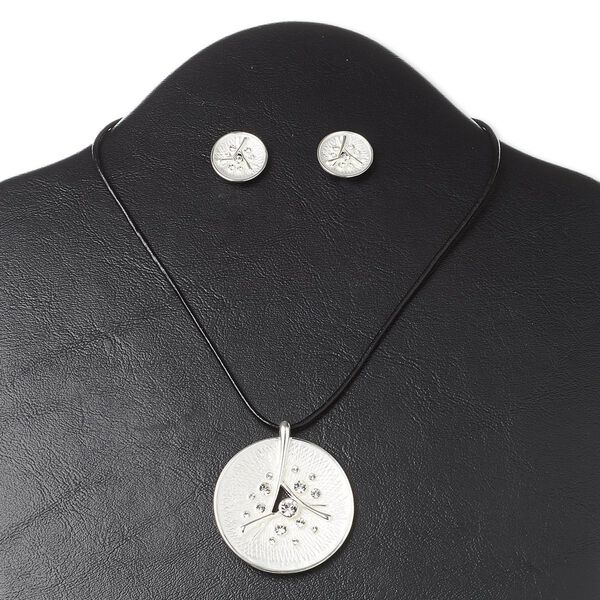 Necklace and earring set, Everyday Jewelry, crystals / leather (dyed) / silver-finished steel and "pewter" (zinc-based alloy), black and crystal clear, 44mm round, 16-inch necklace with 3-inch extender chain and lobster claw clasp, 14mm round earrings with post. Sold per set. image number 0
