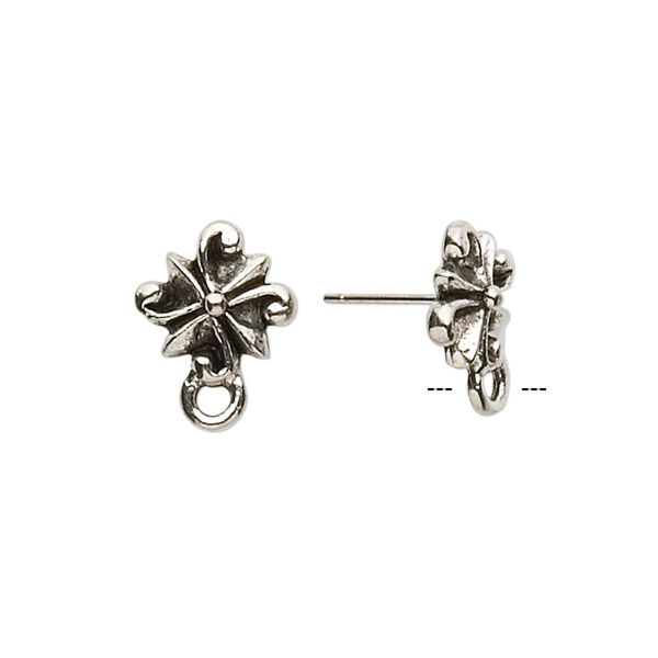 Earstud 1pkg4 antique silver-plated pewter (tin-based alloy), 11mm radiating swirl / closed loop, stainless steel 2 pair image number 0