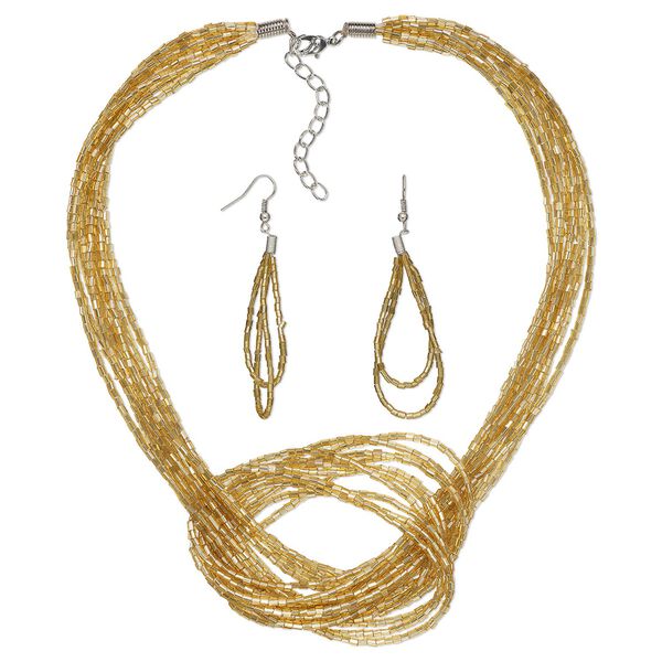 Necklace and earring set, Everyday Jewelry,  imitation rhodium-plated-steel and glass, light gold, 16-inches with 2-inch extender chain, 3-inch earrings with fishhook ear wires, 19 gauge. Sold per set. image number 0