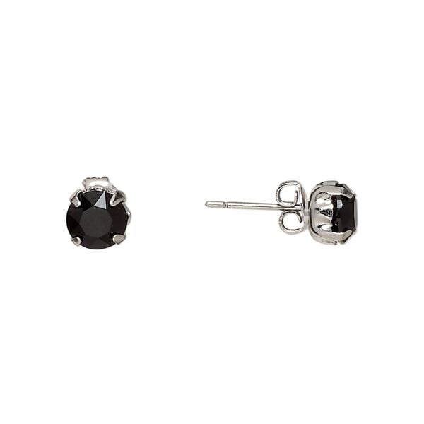 Earstud, Everyday Jewelry™, Crystal Passions® and silver-plated "pewter", jet, 6.5mm round. Sold per pair. image number 0