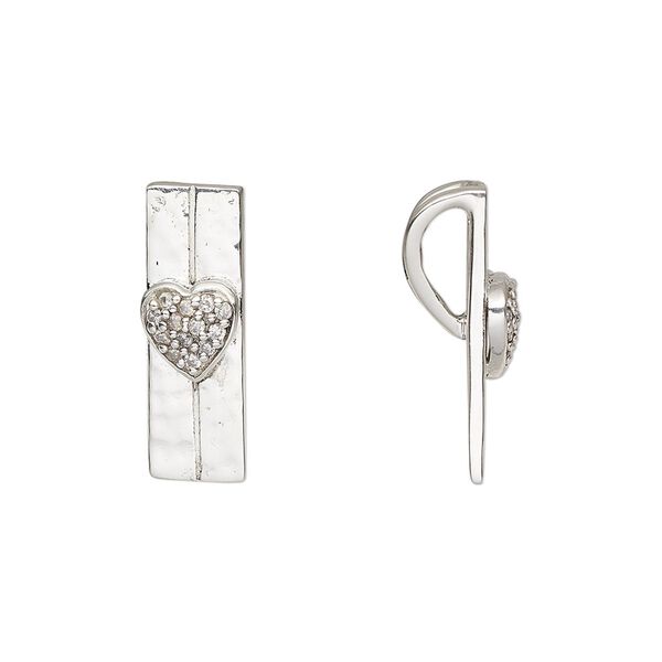 Pendant, cubic zirconia and sterling silver, clear, 20x7mm single-sided hammered rectangle with heart and hidden bail. Sold individually. image number 0