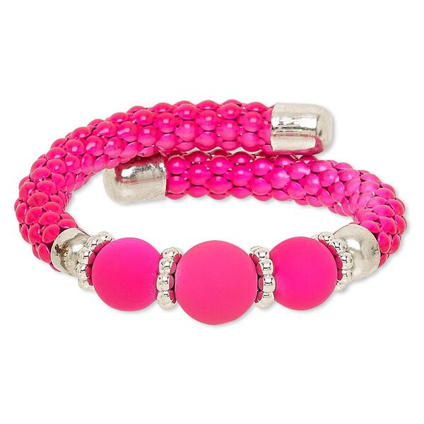 Bracelet, acrylic / silver-coated plastic / silver-finished steel / painted steel memory wire, neon pink, 16mm wide, adjustable from 6-1/2 to 7-1/2 inches. Sold individually. image number 0