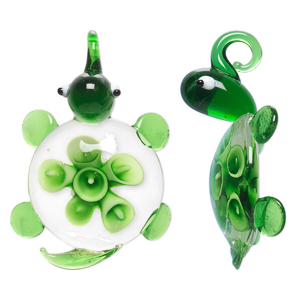 Pendant, lampworked glass, green / white / black, 50x32mm single-sided turtle with flower. Sold individually. image number 0
