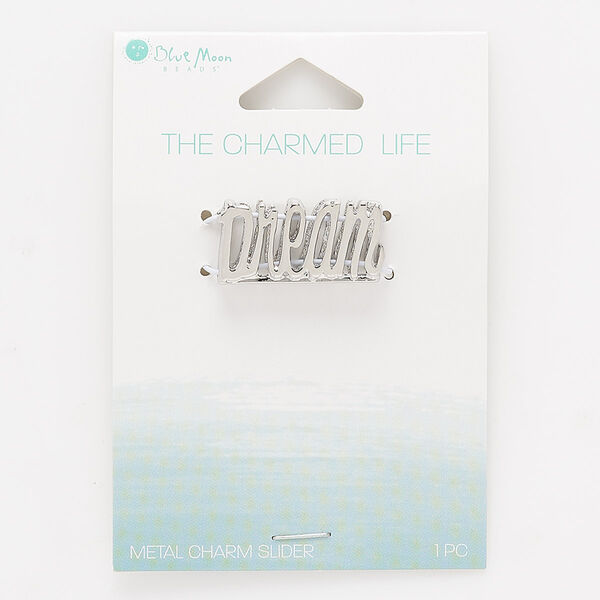 Slide, silver-finished "pewter" (zinc-based alloy), 26x13mm "Dream" with 10x2mm hole. Sold individually. image number 0