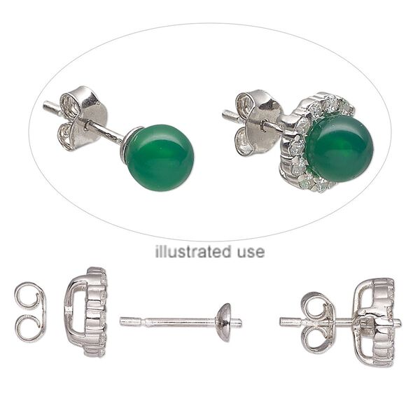Earstud 1pkg2 rhodium-plated sterling silver / cubic zirconia, 9.5x9mm / 4mm cup / 2mm peg / 4-6mm half-drilled round setting / removable jacket / earnuts, clear 1 pair image number 0