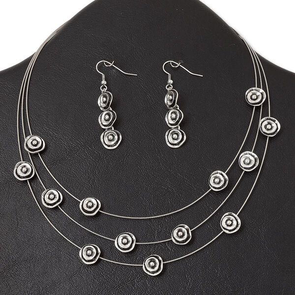 Necklace and earring set, 3-strand, antique silver-plated "pewter" (zinc-based alloy) and steel, 11mm rose, 15" to 16" necklace with lobster claw clasp and 3-inch extender chain, 2-inch earring with fishhook ear wire. Sold per set. image number 0