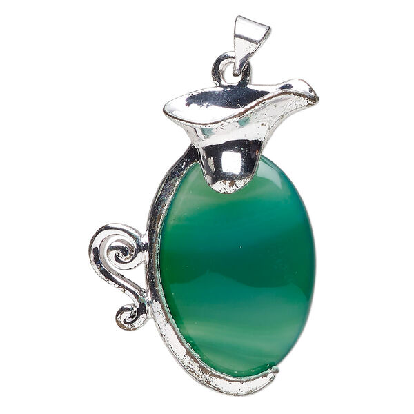 Pendant, green agate (dyed) and silver-finished brass, 34x25mm-35x26mm pitcher. Sold individually. image number 0