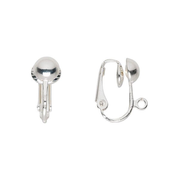 Earring, clip-on, silver-plated steel, 16mm hinged with 6.5mm half ball and open loop. Sold per pkg of 5 pairs. image number 0